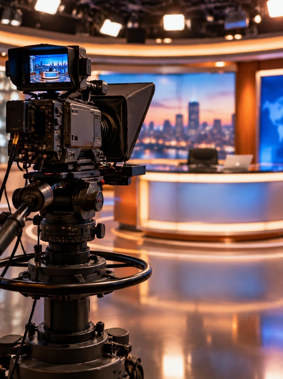 Professional broadcast camera on a tripod in a television news studio with soft lighting